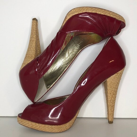 STEVE MADDEN Heels Women's Size US9 Red Tan Richh Leather Peep Toe Shoes - Picture 9 of 11